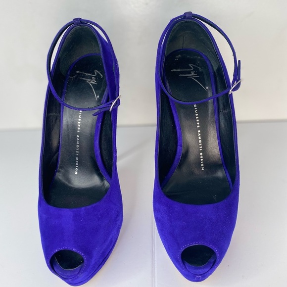 Giuseppe Zanotti Violet Designer Luxury Suede Peep-Toe Platform Pump Heels - Picture 5 of 11